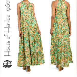 HOUSE OF HARLOW 1960 Cotton Gauze Tiered Halter Green Maxi Dress Size Small